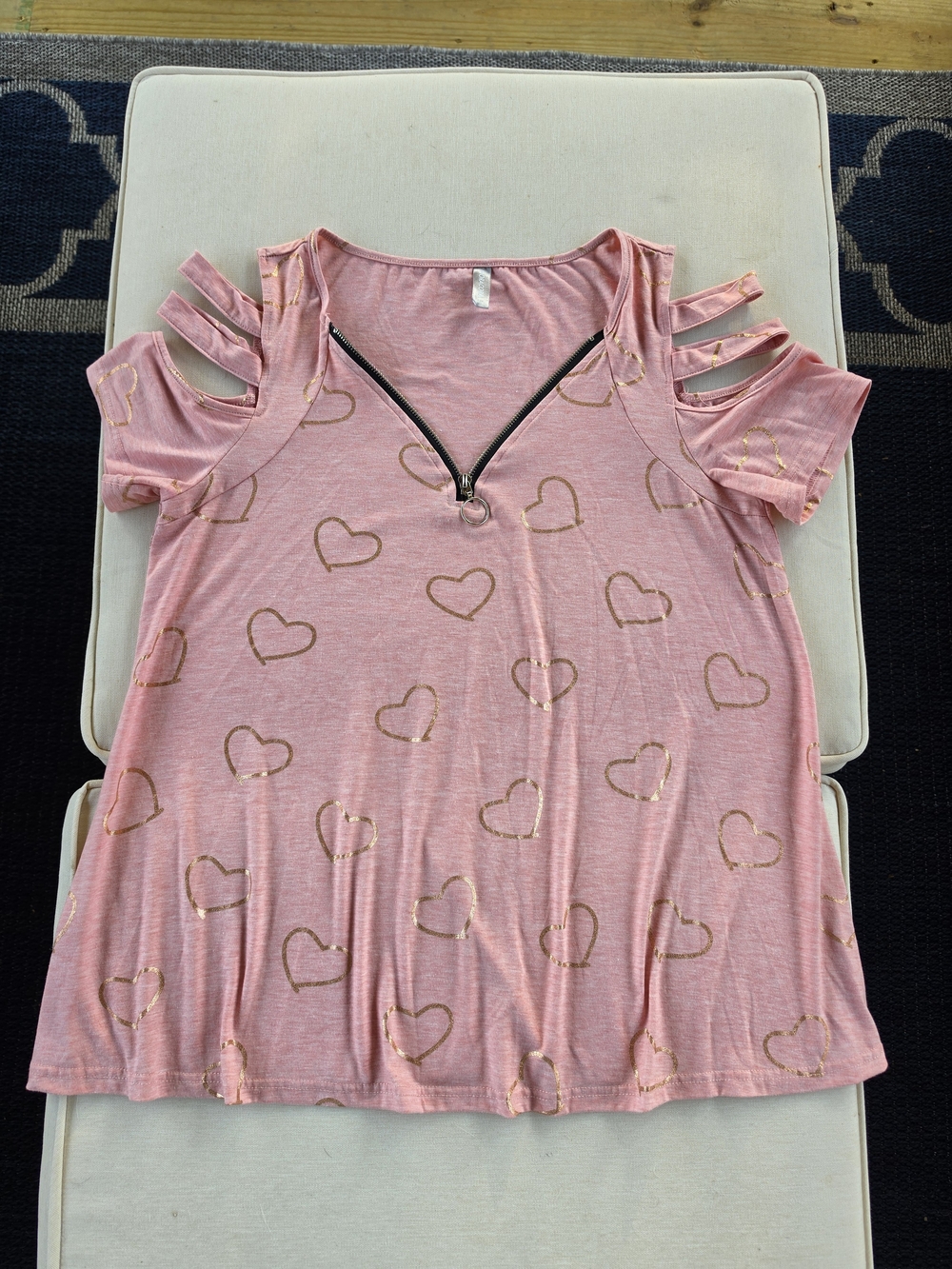 Women’s Pink Heart Cold-Shoulder Zip Front Blouse